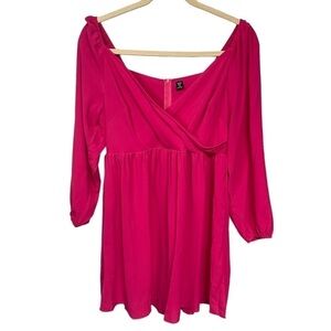Shein Curve Hot Pink Solid Wrap Puff Sleeve Mini Dress, 1X